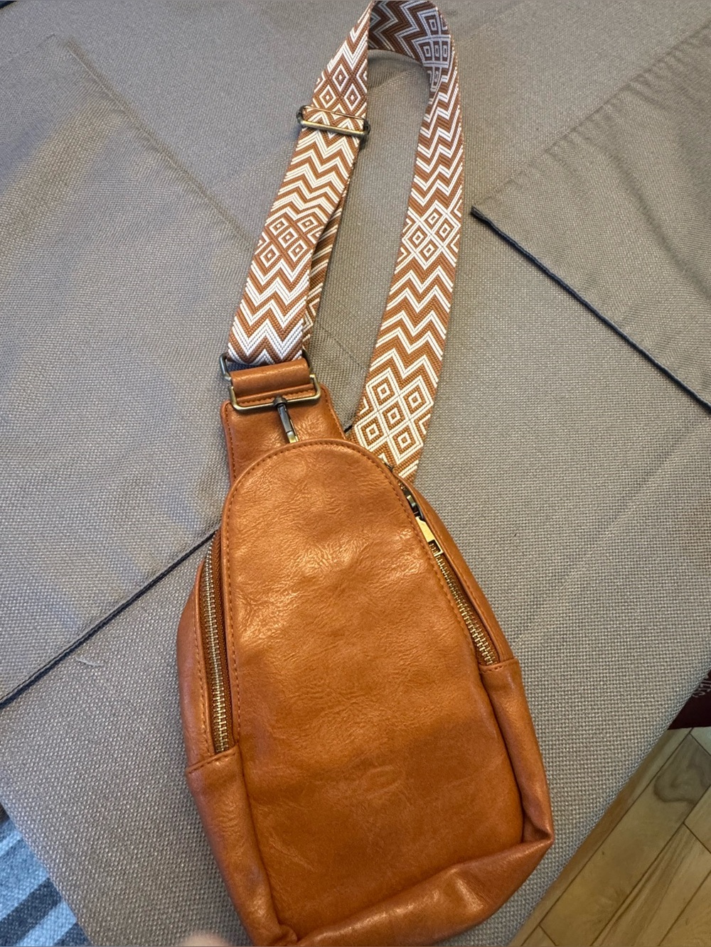 Tan Leather Sling Bag with Patterned Strap